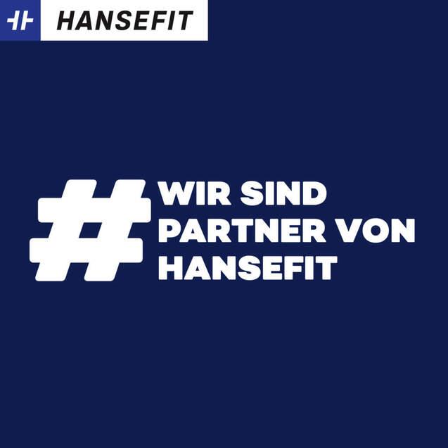 Logo von Hansefit mit dem Hashtag „# WIR SIND PARTNER VON HANSEFIT“ auf blauem Hintergrund.