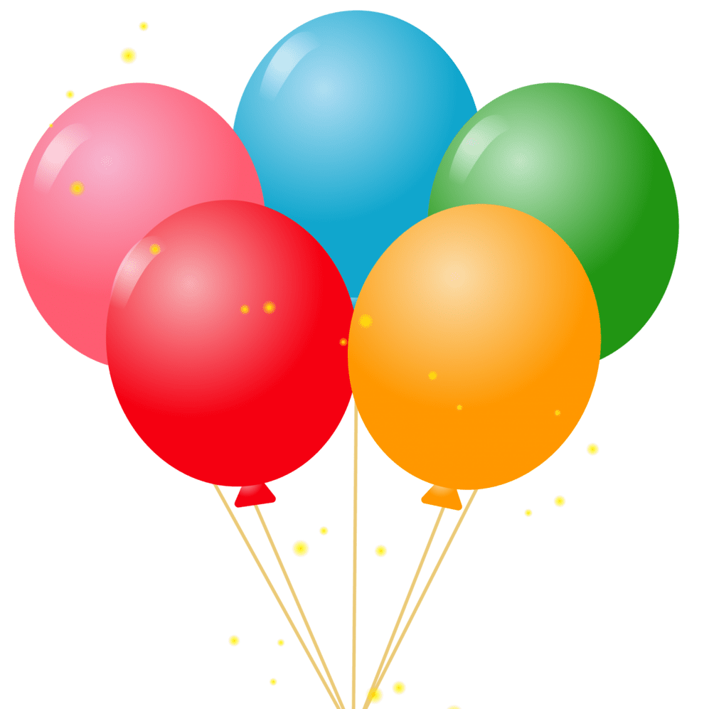 Fünf bunte Luftballons in Rot, Pink, Blau, Grün und Orange mit einer roten Schleife am Ende ihrer Schnüre.