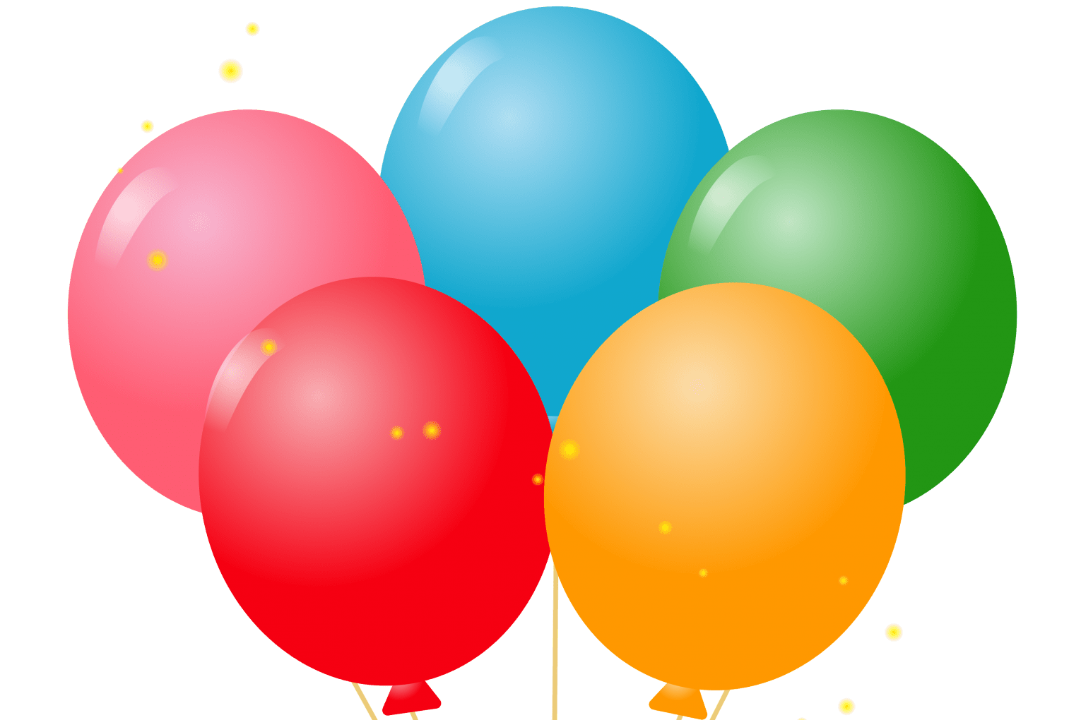 Fünf bunte Luftballons in Rot, Pink, Blau, Grün und Orange mit einer roten Schleife am Ende ihrer Schnüre.