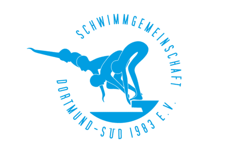 Logo der Schwimmgemeinschaft Dortmund-Süd 1993 e.V. mit stilisierter Schwimmerfigur in Blau auf weißem Hintergrund.