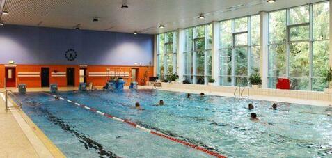 Innenansicht eines Schwimmbeckens mit mehreren Schwimmern und großen Fenstern zur begrünten Außenansicht.